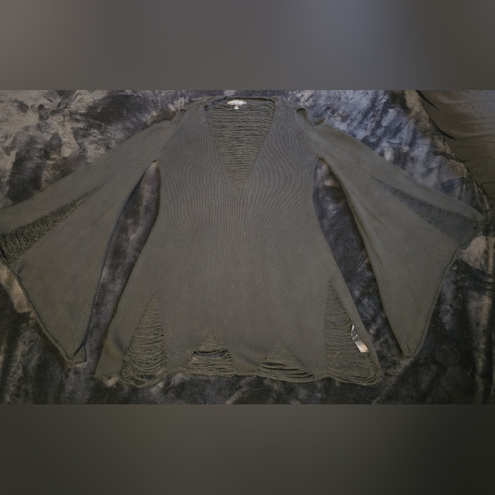 Widow Black Distressed Knit Sweater With Bell Sleeves